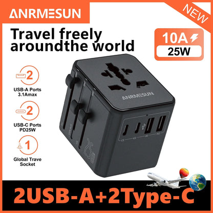 65W/45W/25W GaN Universal Travel Adapter with 2 USB 2 Type C Fast Charging All-in-one Travel Charger EU/UK/USA/AUS for Travel