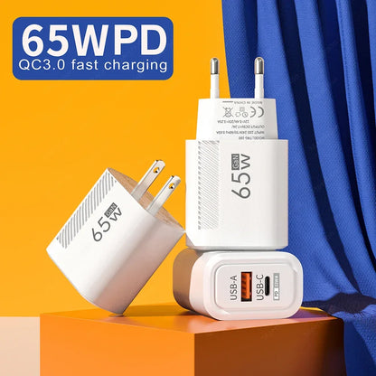 65W GaN USB C Fast Charger QC3.0 EU/US Plug Phone Charger Adapter For iPhone Samsung Xiaomi Quick Charging Type C Wall Charger