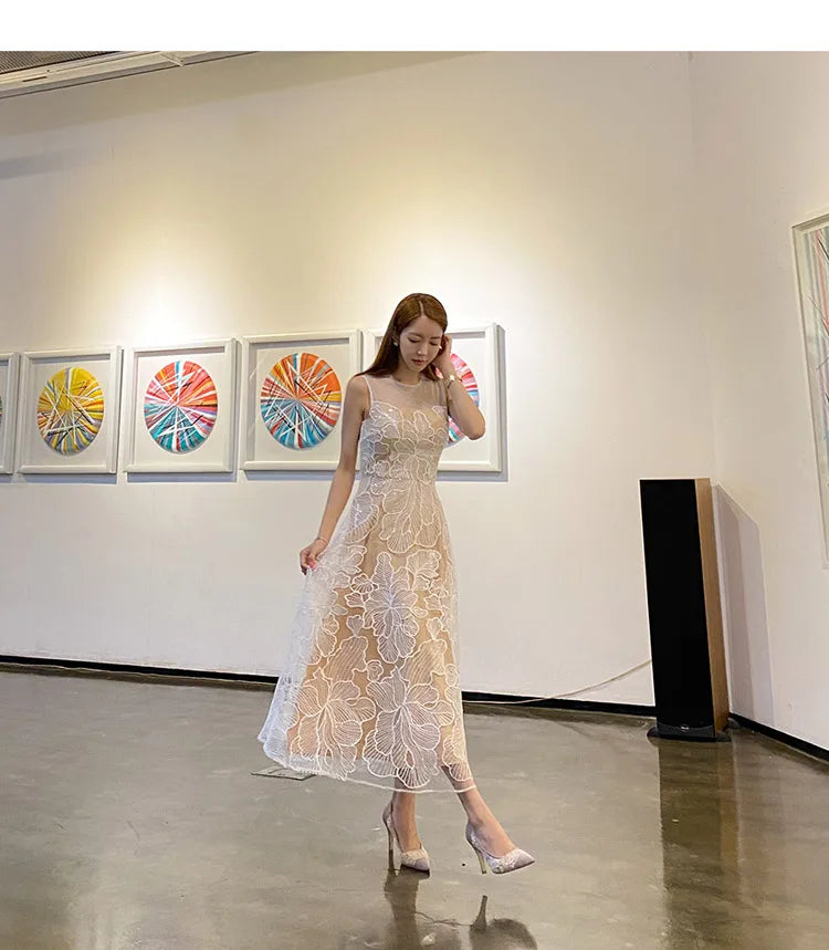 Fashion Slim O-Neck Long Party Casual Dress Hot Sale Summer Dresses Korean Retro Sleeveless Mesh Embroidery Vestidos
