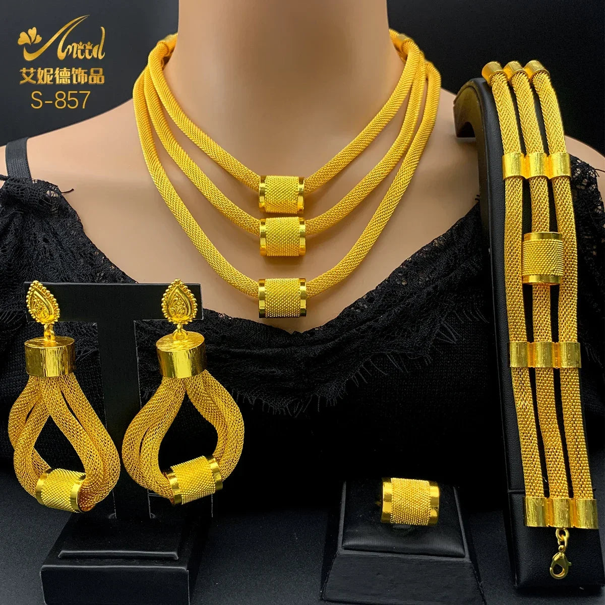 Luxury Ethiopian Multilayer 24k Gold Color Jewelry Set  For Women Wedding Dubai Necklace And Earrings Sets Indian Bridal