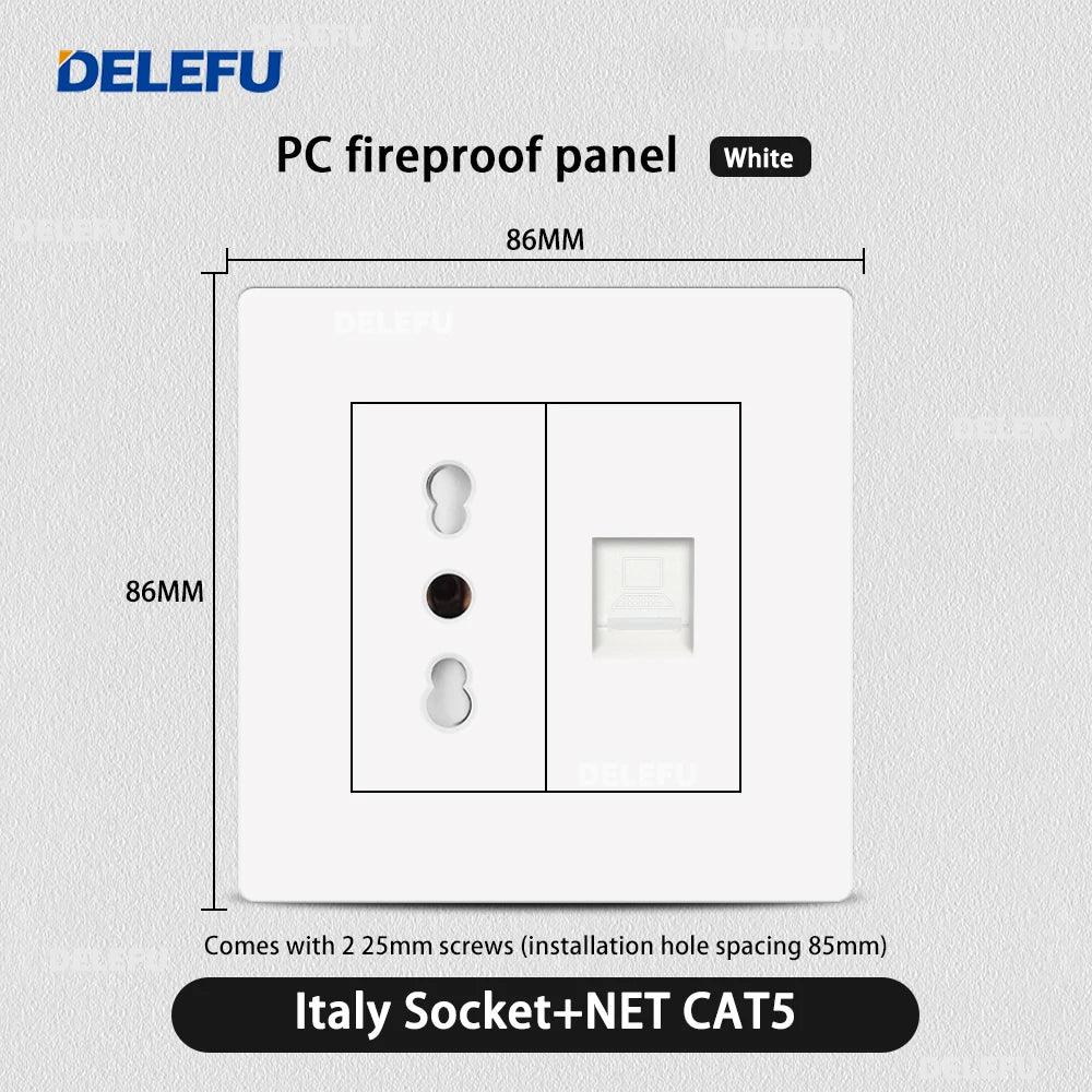 DELEFU86 PC White Flame Retardant Panel Italy Standard Wall Socket USB Type C Socket German Italian Socke EU Socket