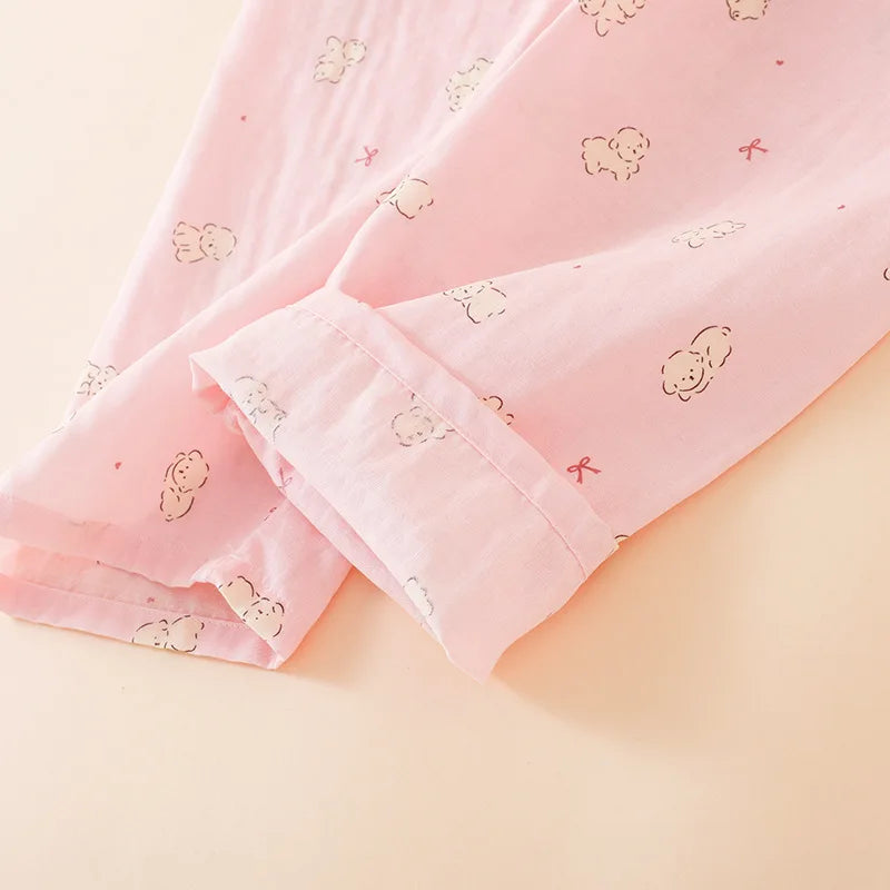 Summer Women Pajamas 3 Pieces Set 100% Gauze Cotton Female Sleepwear Bedroom Set Short sleeved long pants + shorts Woman Piiama