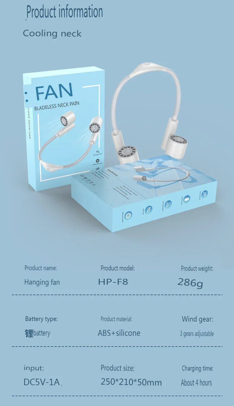 Portable Lightweight Halter Neck Air Cooling Fan USB Rechargeable Outdoor Travel Sport Wearable Mini Hanging Neck Fan 3Gear Wind