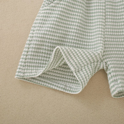 Summer neutral infant three small fish embroidered green short-sleeved T-shirt and green striped shorts two-piece set