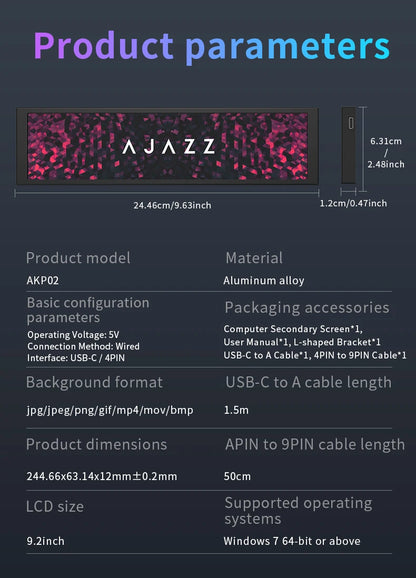 AJAZZ AKP02 9.2inch DIY IPS Secondary Screen 1920*464HD Wired USB Comprehensive Monitoring Multiple Custom Designs for Laptop PC