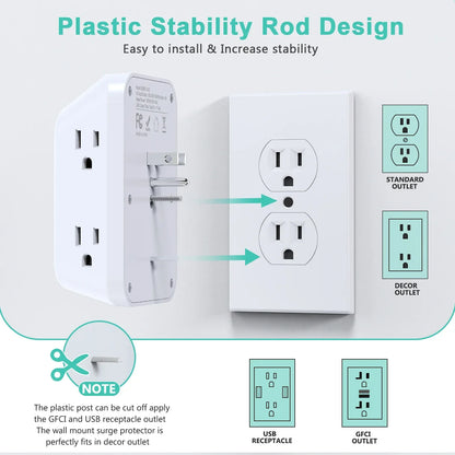 Multi Plug Wall Outle,6-Outlet Extender with 4 USB Ports,3 Sided Multi Plug Wall Adapter  Surge Protector for Home Office
