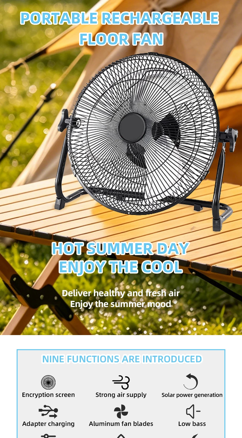 14 Inch Brushless Motor Floor Fan Strong Wind Electric Fan Portable Rechargeable with 15600mAh Battery for Outdoor Camping