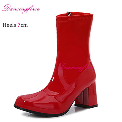 Sexy Gogo Boots 60s 70s Square Heel Ankle Classic Round Toe Boots Shiny Golden Zip Boots Unisex Party Dress Dance Shoes Woman