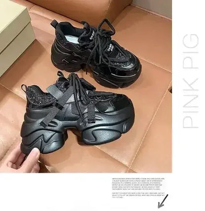 8CM Women Bling Red Chunky Sneakers Winter High Platform Warm Fur Shoes Ladies Wedges Casual Dad Shoes Leather Sports Sneakers