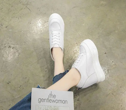 Genuine leather 10cm Increase Flat Platform Shoes Female Thick Sole Students Casual Shoes Woman  Lace Up Solid   Women Shoes