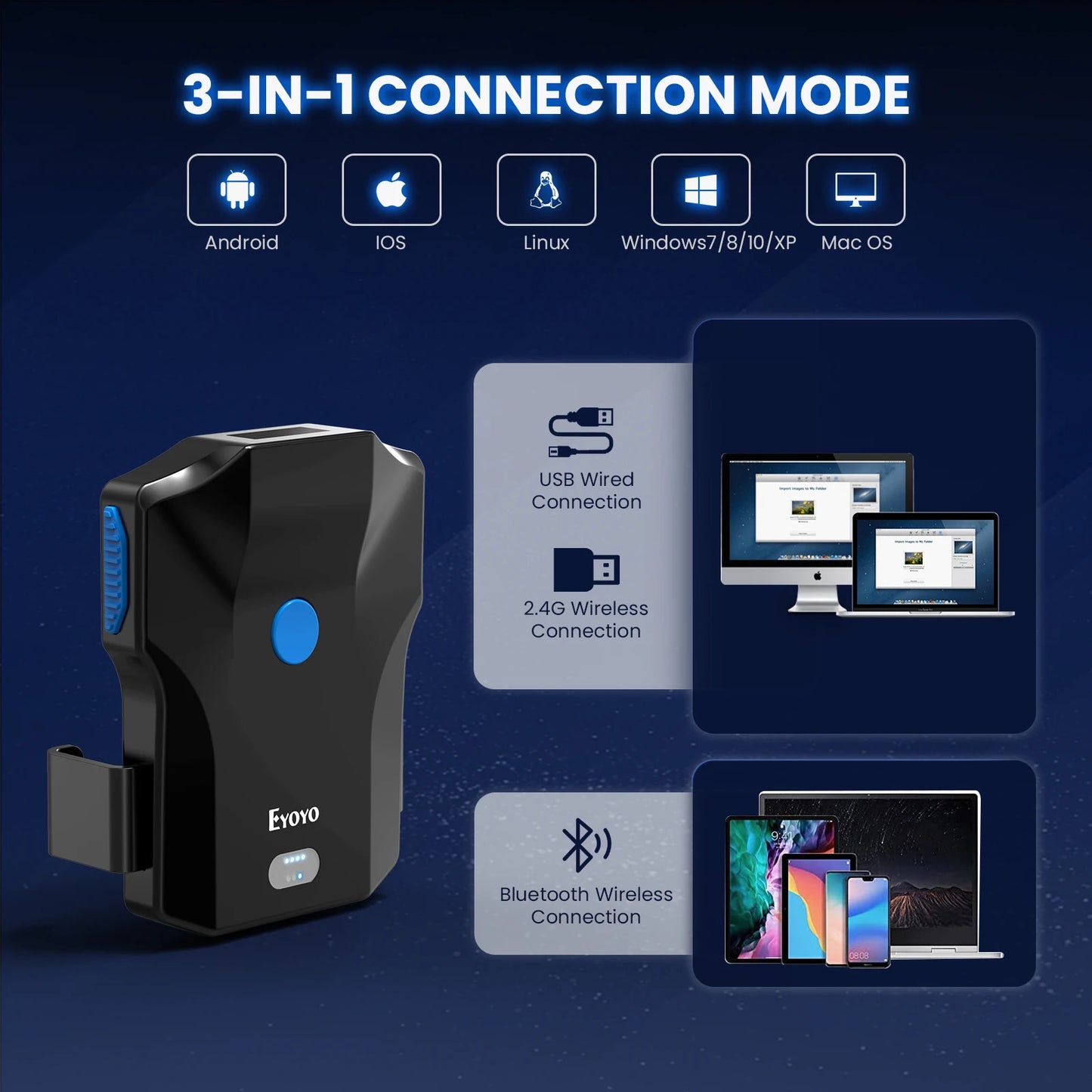 Eyoyo EY-032 Bluetooth Barcode Scanner Back Clip 1D 2D Bar Code Reader with Image Scanning For UPC Library Warehouse Inventory