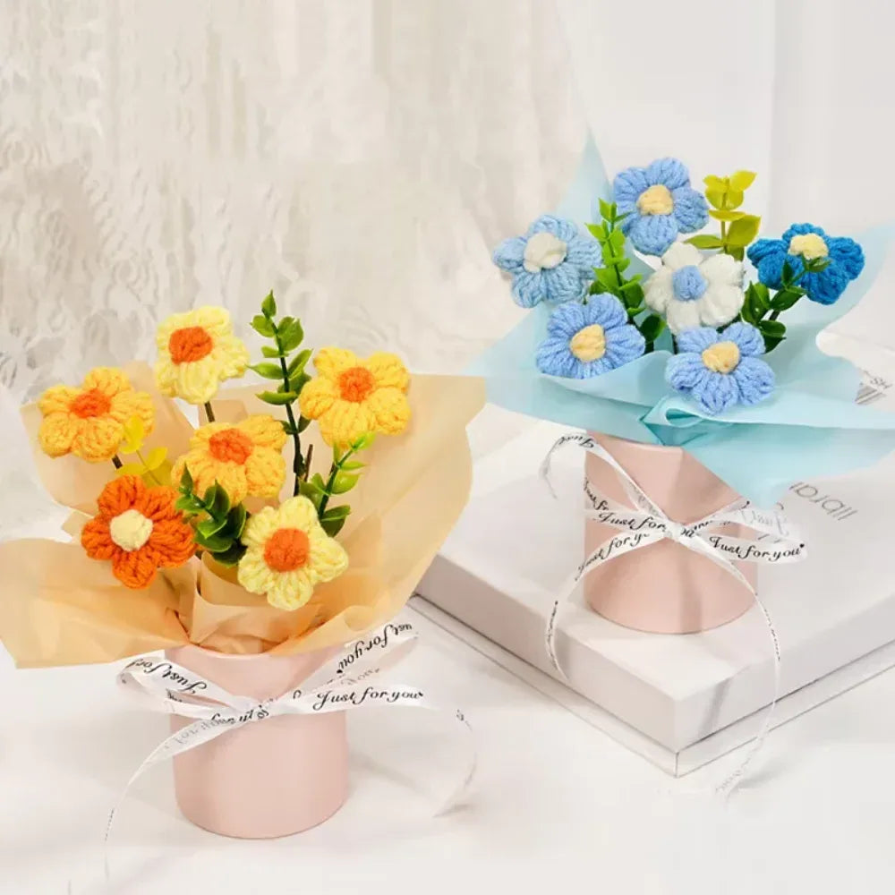 DTCTK Knitted Flower Bouquet Crochet Rose Flowers Hugging Bucket Christmas Gifts Living Room Desk Decoration Valentine's Day Gif