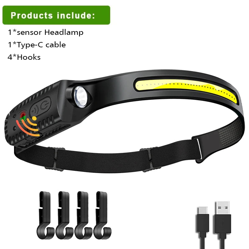 USB Rechargeable Head Torch Induction Headlamp COB LED Sensor Head Lamp Built-in Battery Flashlight 5 Lighting Modes Headlight