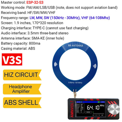 Upgraded V3S AMNVOLT Mini SI4732 DSP Radio Receiver FM AM SSB LSB USB Full Band Pocket Radio with Hi-Z Headphone Amplifier