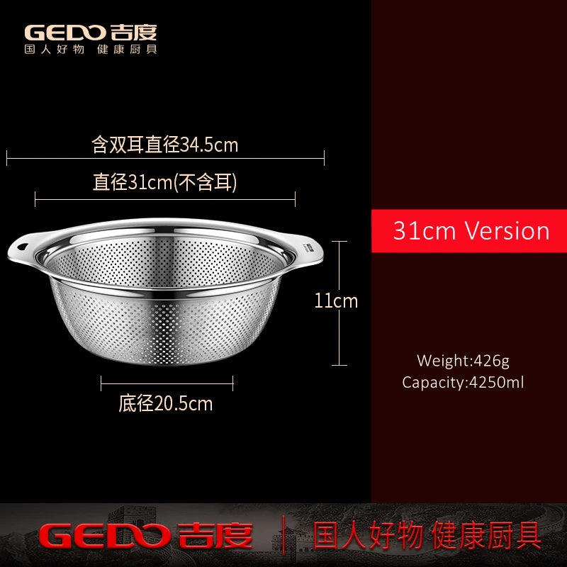 LFGB Certification Kitchen Fruit Vegetable and Rice Washing Basin 23~31cm Diameter Dense Drainage Hole Colander with Side Handle