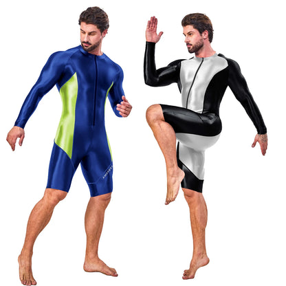 AMORESY Atticus Series Men Glossy Smooth Patchwork High Stretch Long Sleeve Knee Length Tracksuit Jumpsuit Bodysuit Fitness Gym