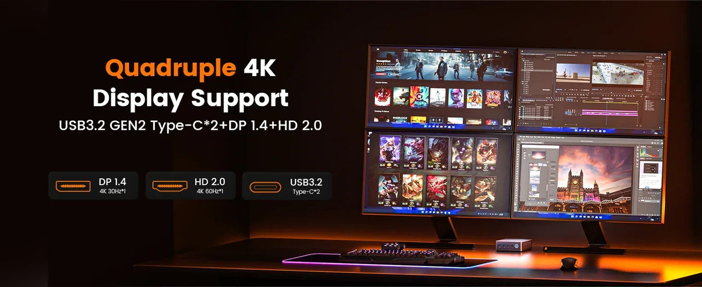 PELADN WO7 Mini PC AMD Ryzen 7 7735U (8C/16T, up to 4.75Ghz) 32GB DDR5+1TB SSD WiFi6 BT5.2 Quadruple-Display Mini Computer