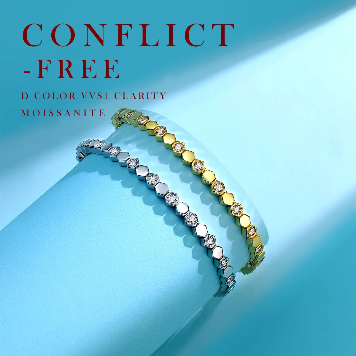 925 Sterling Silver 14K Gold Plated Moissanite Hexagon Tennis Bracelet for Women Color Sparkling Geometric Jewelry Gift