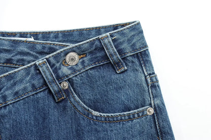 HH Women Trendy Cross Waist Wide Leg Jeans Asymmetrical Button Fly High Waist Baggy Denim Pants For Streetwear Y2K Outfits