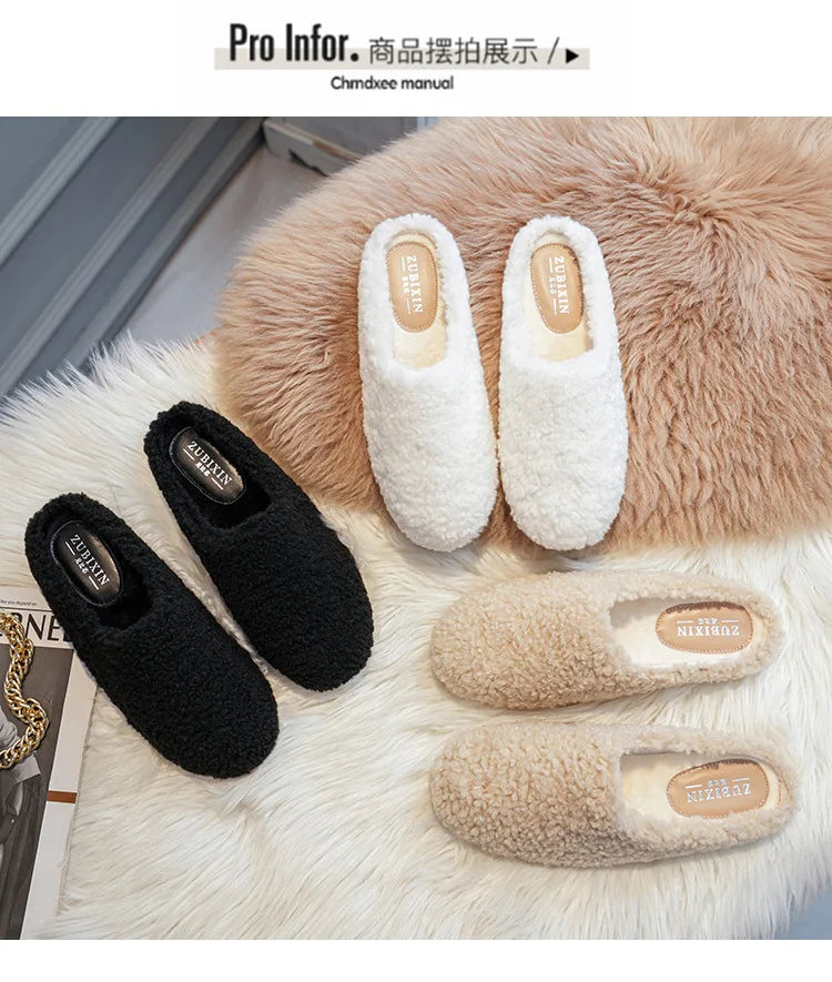 Big Size 43 Women Lambswool Slippers Winter Sheep Fur Shoes Ladies Flat Cotton Slides Home Pantuflas Daily Slip On Furry Mules