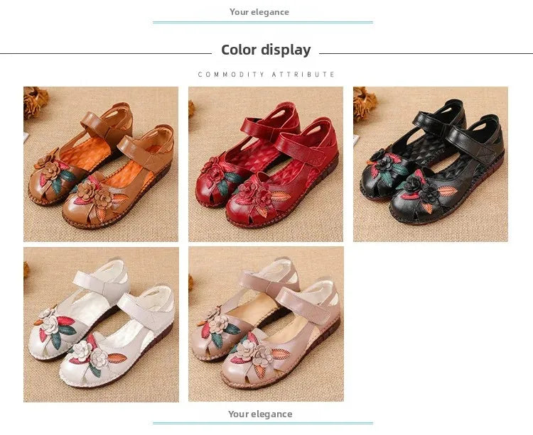 New 2025 Ladies Flat Sandals Soft Leather Anti-Slip Bottom Ethnic Style Comfortable Soft Surface Design for Elderly People