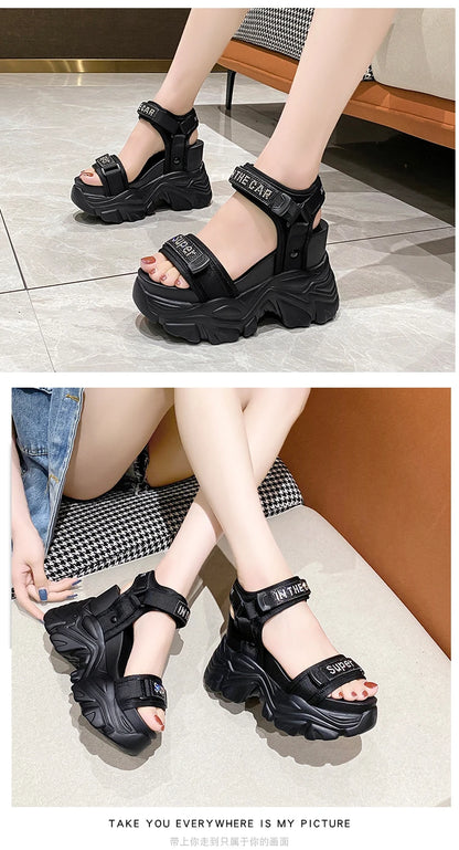 New Summer Black Women High Platform Sandals 11CM Wedge Heels Bling Slippers Peep Toe High Heels White Leather Chunky Flip-Flops