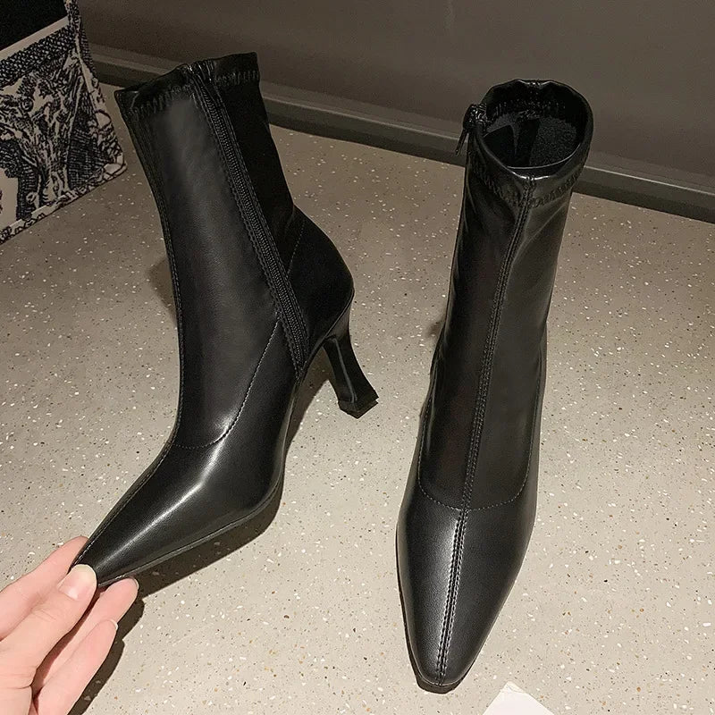 Women High Heel Short Leather Boots  New Boots Female Pointed Thin Heel Boots Ladies Ankle Short Boots Botas De Mujer 2024