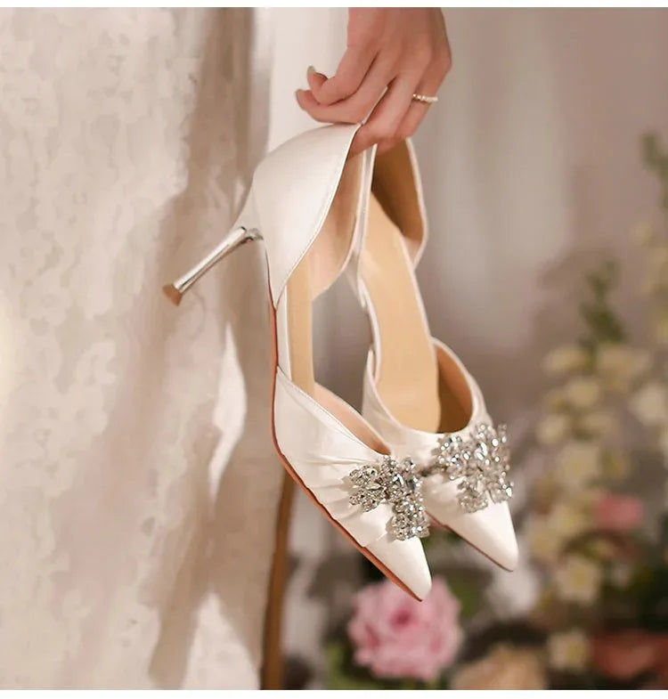2025 Autumn New White French High Heels Pointy Rhine-Diamond Thin Heel Not Tired Foot Single Shoes Wedding Shoes
