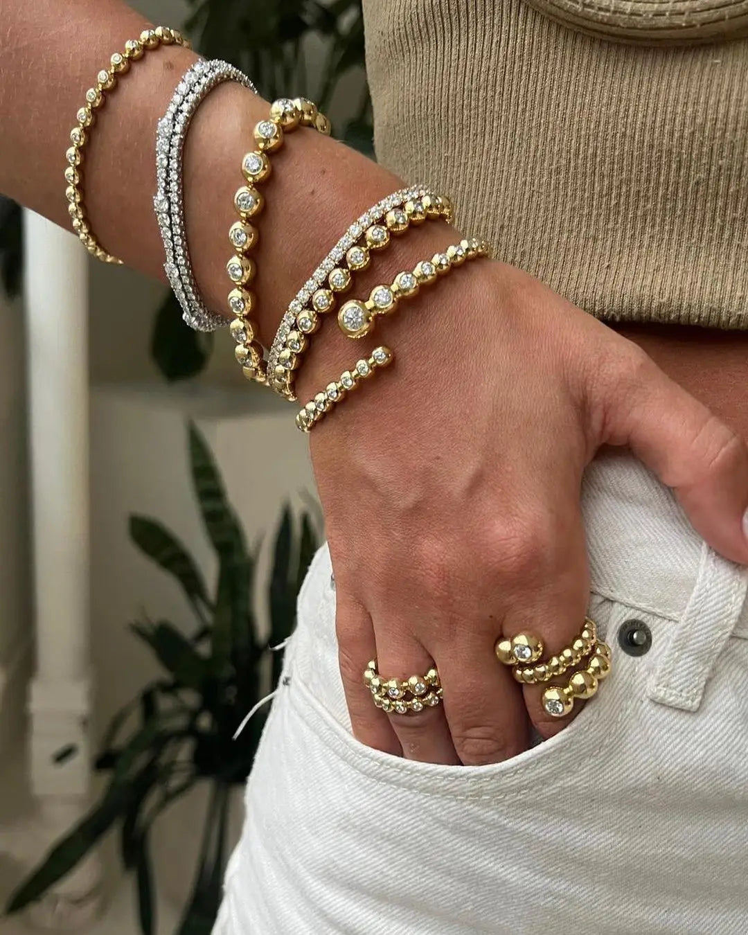 New Arried Geometric Fashion Women Jewelry Set Gold Color Round Ball Bezel Set CZ Bracelet Bangle Rings