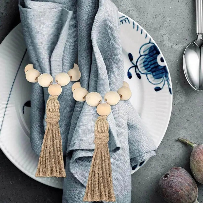 Wood Bead Napkin Rings Napkin Holders With Tassels Hand-Woven Boho Buckles For Christmas Farmhouse Wedding Home Table Decoration