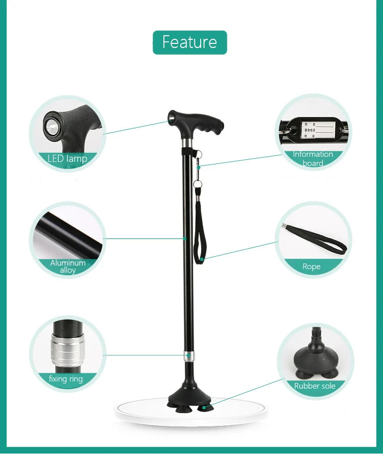 1pc Old People Crutch 60-94cm Telescoping Aluminum Alloy Rod Walking Stick T-handle with Lamp