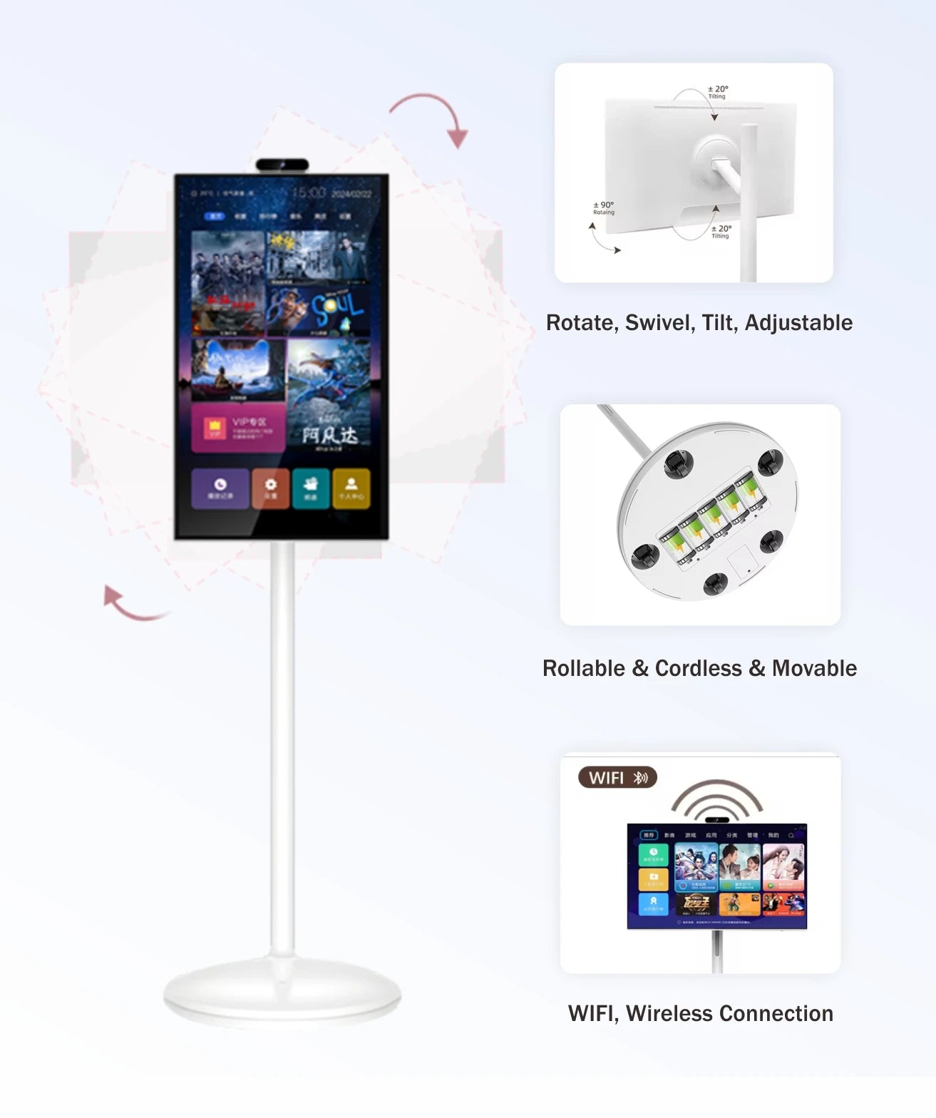 Free Standing Tv 21.5 Inch Touch Screen Portable Tv Smart Mobile Display Rechargeable 360 Rotating Tv Stand Wireless Television