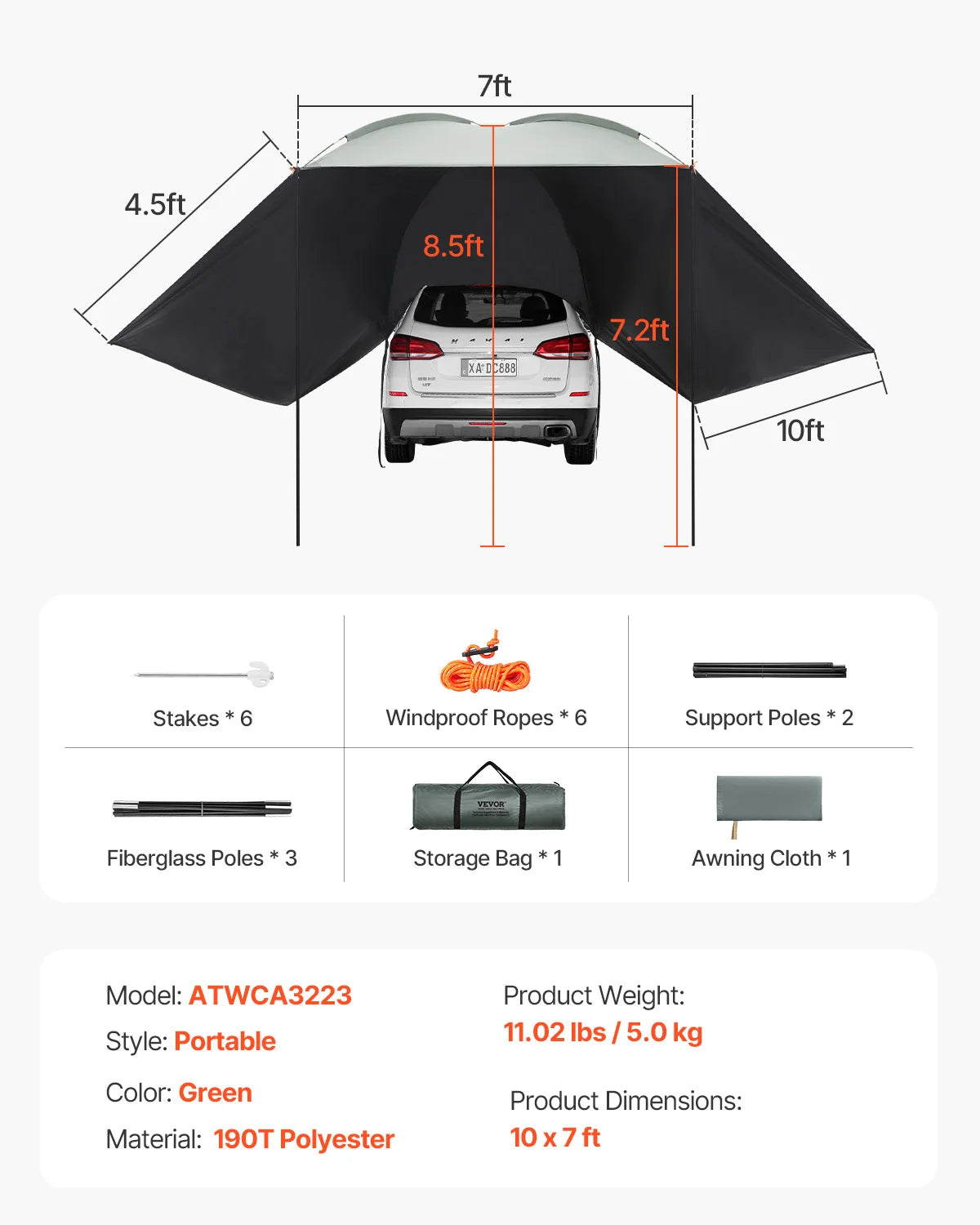VEVOR Vehicle Awning  Retractable Car Side Awning Car Awning with Waterproof Storage Bag  Suitable for Truck SUV Van Campers