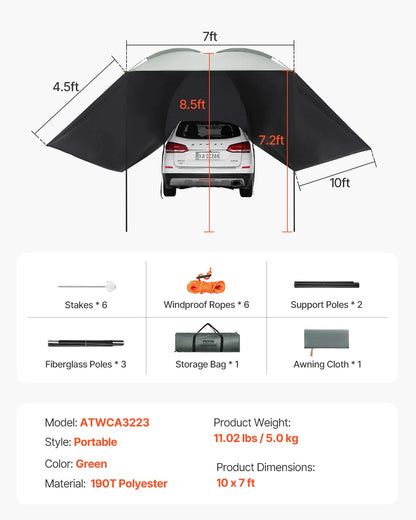 VEVOR Vehicle Awning  Retractable Car Side Awning Car Awning with Waterproof Storage Bag  Suitable for Truck SUV Van Campers