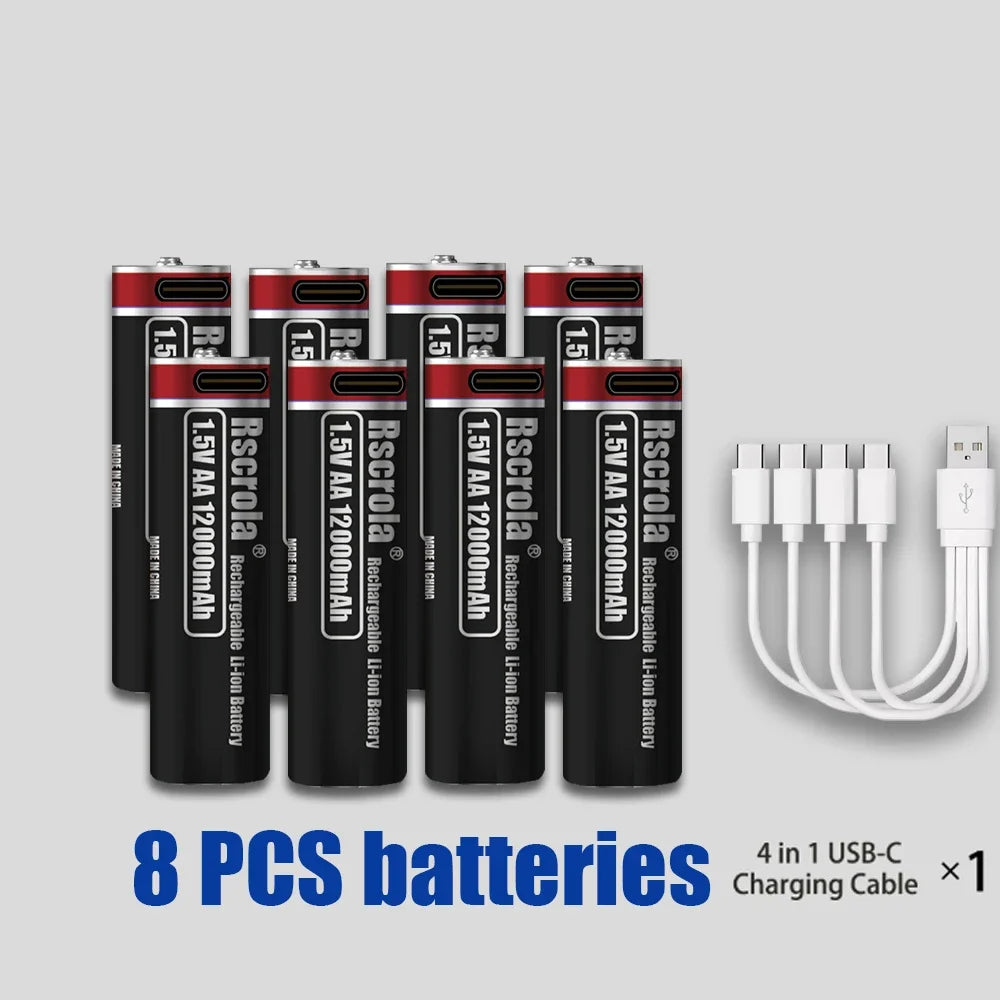 2026 Hot Rechargeable Battery Lithium-ion 1.5V AA1200mAh Rechargeable Battery 1.5V AAA6800mAh Battery with USB-C Cables