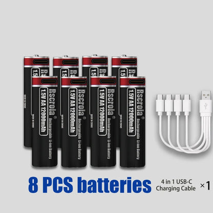 2026 Hot Rechargeable Battery Lithium-ion 1.5V AA1200mAh Rechargeable Battery 1.5V AAA6800mAh Battery with USB-C Cables