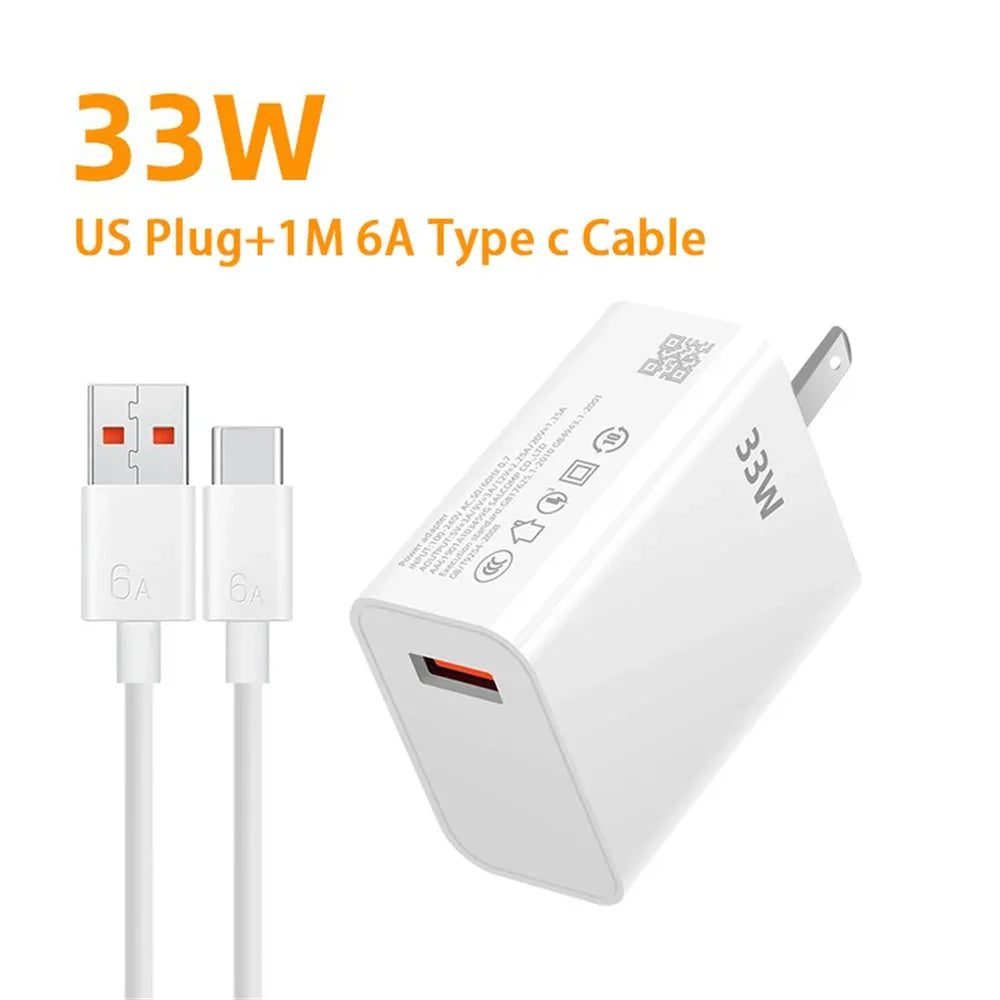 33W USB Fast Charging Charger with 6A Type C Cable Mobile Phone Adapter For iPhone 15 Xiaomi 14 Redmi 13 12 Samsung Wall Adapter