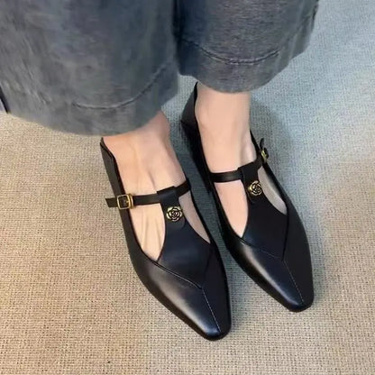 Ladies Black Leather Mary Jane Flats with Metal Rose T-Strap Slip On Casual Ballet Shoes Women's Comfortable Flats