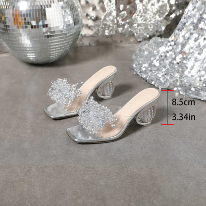 Aneikeh 2026 New Women's Water Diamond Flower Sandals with Transparent Thick Bottom Party Dress PVC Slippers Mules High Heels