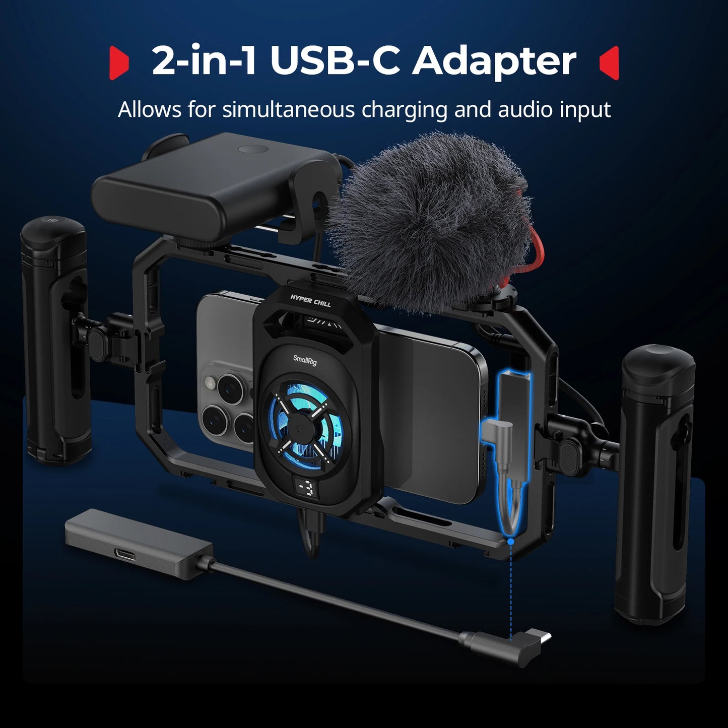 SmallRig Universal Cooling Mobile Phone Cage for iPhone 17 16/Android Smartphones w 2-in-1 USB-C Audio Adapter Power Bank Holder