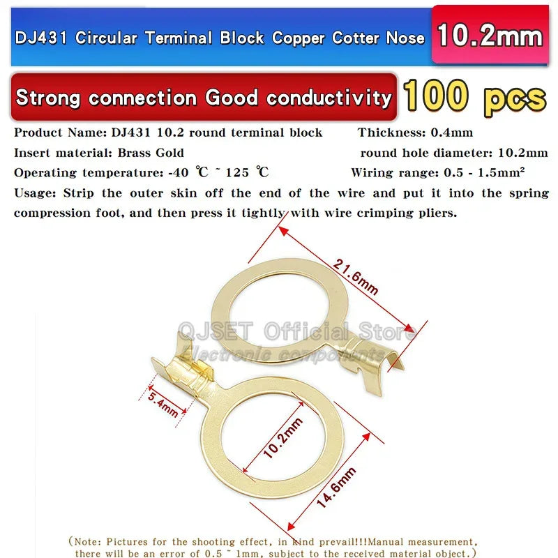 100PCS Circular Terminal Blocks DJ431 O-ring lugs Cold pressed connectors Copper lugs Terminal blocks Open ended bare ends 6.3mm