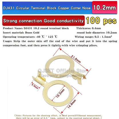 100PCS Circular Terminal Blocks DJ431 O-ring lugs Cold pressed connectors Copper lugs Terminal blocks Open ended bare ends 6.3mm