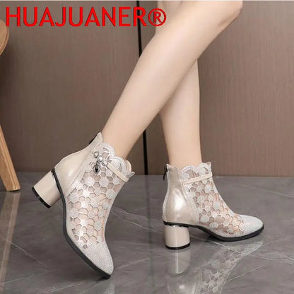 2025 Spring Summer Fashion Rhinestones Gauze Sandals Thick Heels Mesh Autumn Ankle Boots Female Hollow Women's Shoes