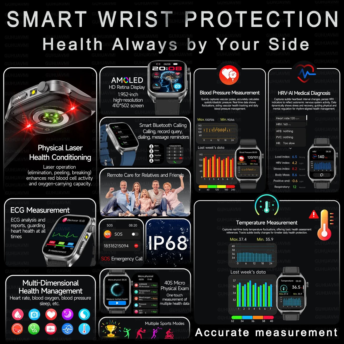 New 650nm Dual probe laser Health Smart Watch ECG+PPG Blood pressure Uric Acid Blood lipids AMOLED Physical therapy Smartwatches