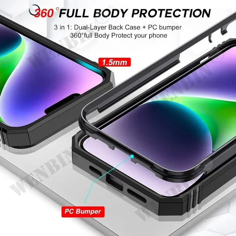 Case For iPhone 17 16 16e 15 14 13 12 11 Pro Max Plus Mini XS XR 8 Plus 8 7 SE Heavy Duty with Camera 360 Degree Kickstand Cover