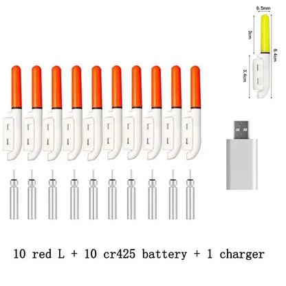 10 pcs/lot Electronic Light Stick With 10 Rechargeable Battery CR322 / CR425 Clip on Fishing Rod Glowing Lamp Night Fishing D001