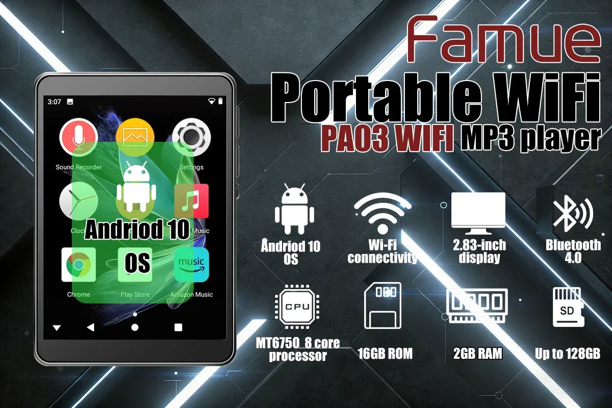 Famue PA03 Android Bluetooth MP3/MP4 Player Lossless Audio| 2.8" Screen | 80GB | WiFi | YouTube/Twitter/Spotify Download SQ HIFI