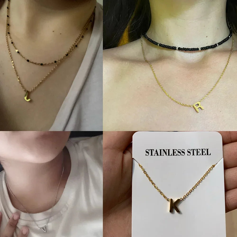 Cazador Minimalist Initial A-Z Letter Necklace for Women Alphabet Stainless Steel Choker Chains Jewelry Birthday Gift Wholesale