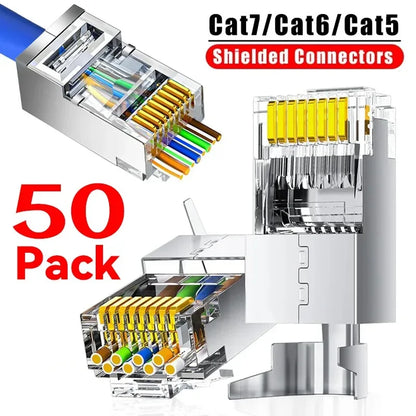50/1PACK Connectors Pass Through Modular Plug CAT6 CAT7 CAT5 Ethernet Cable Shielded Connectors for RJ45 Net Pass Through Plugs