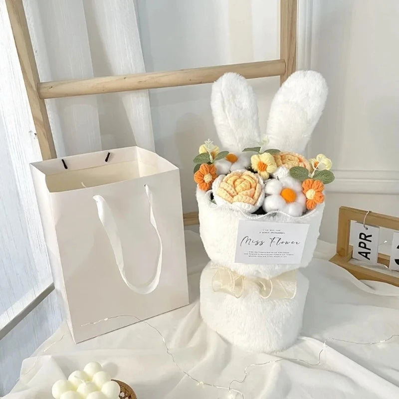 Rabbit Ears Crochet Flower Bouquet Handmade Completed Flower Bouquet with Gift Bag Creative Knit Rose Bouquet for Mother's Day